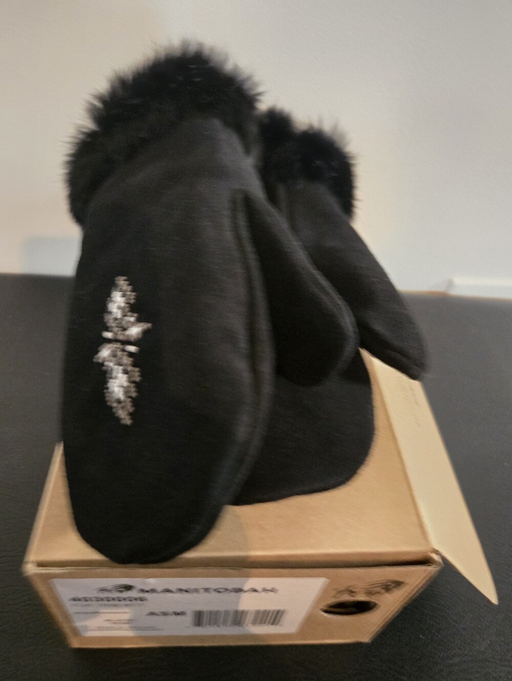 Manitobah Black Fur-Trim Suede Mittens with Bead Detail